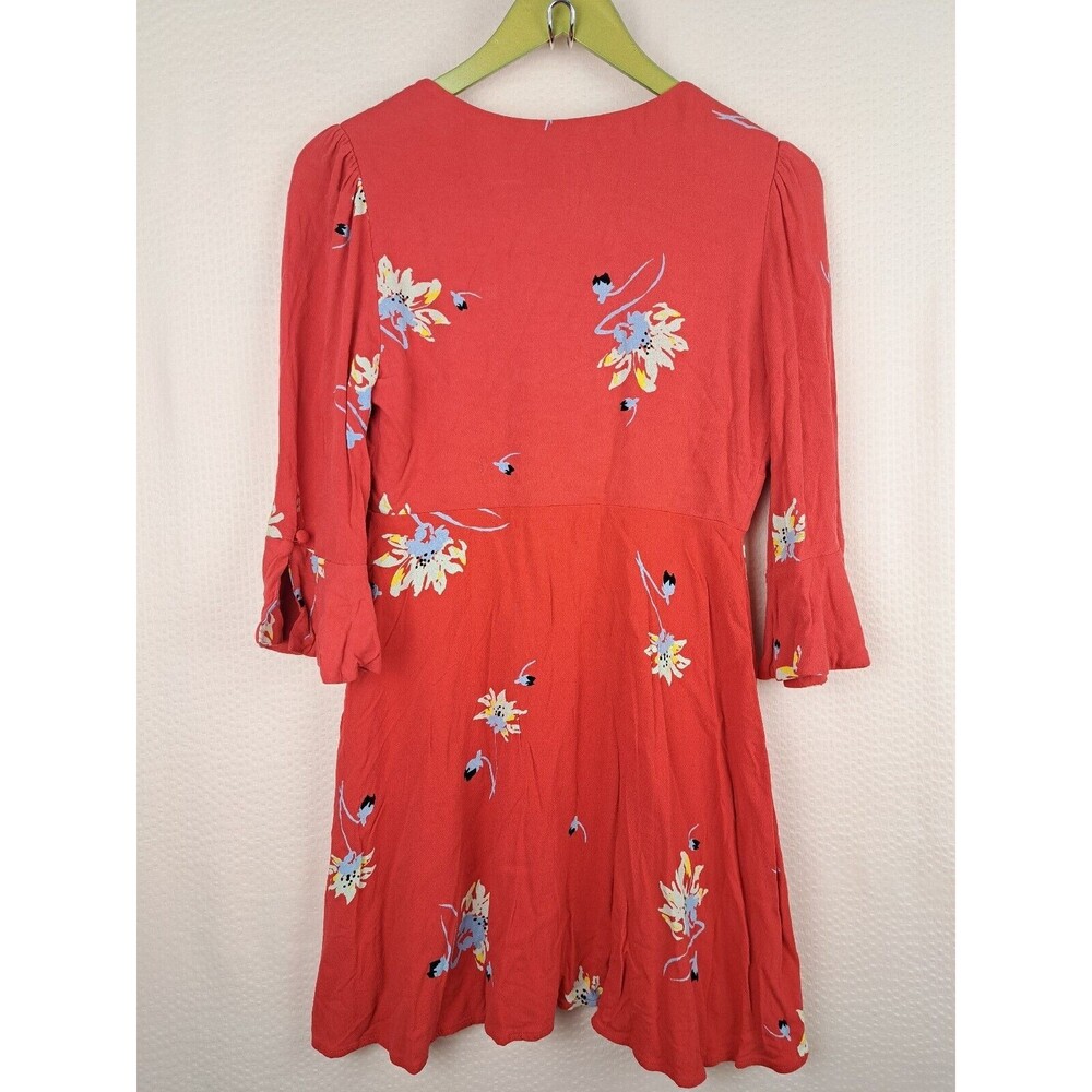 Free People Red Time On My Side S Wrap Mini Dress 3/4 Sleeve Buttons 100% Rayon - Picture 13 of 16